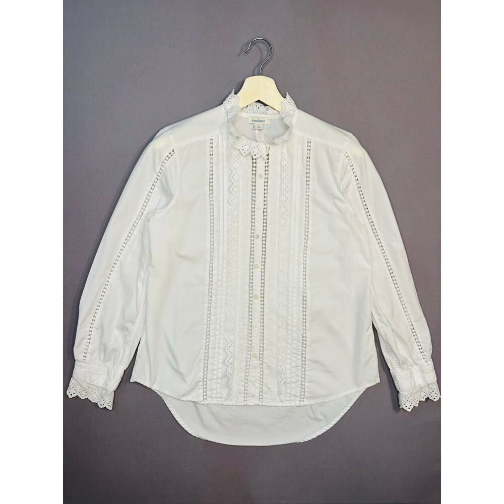Sundance White Cotton Pintuck Blouse Top with Lace and Ruffle Neck Size Small